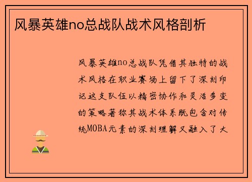 风暴英雄no总战队战术风格剖析